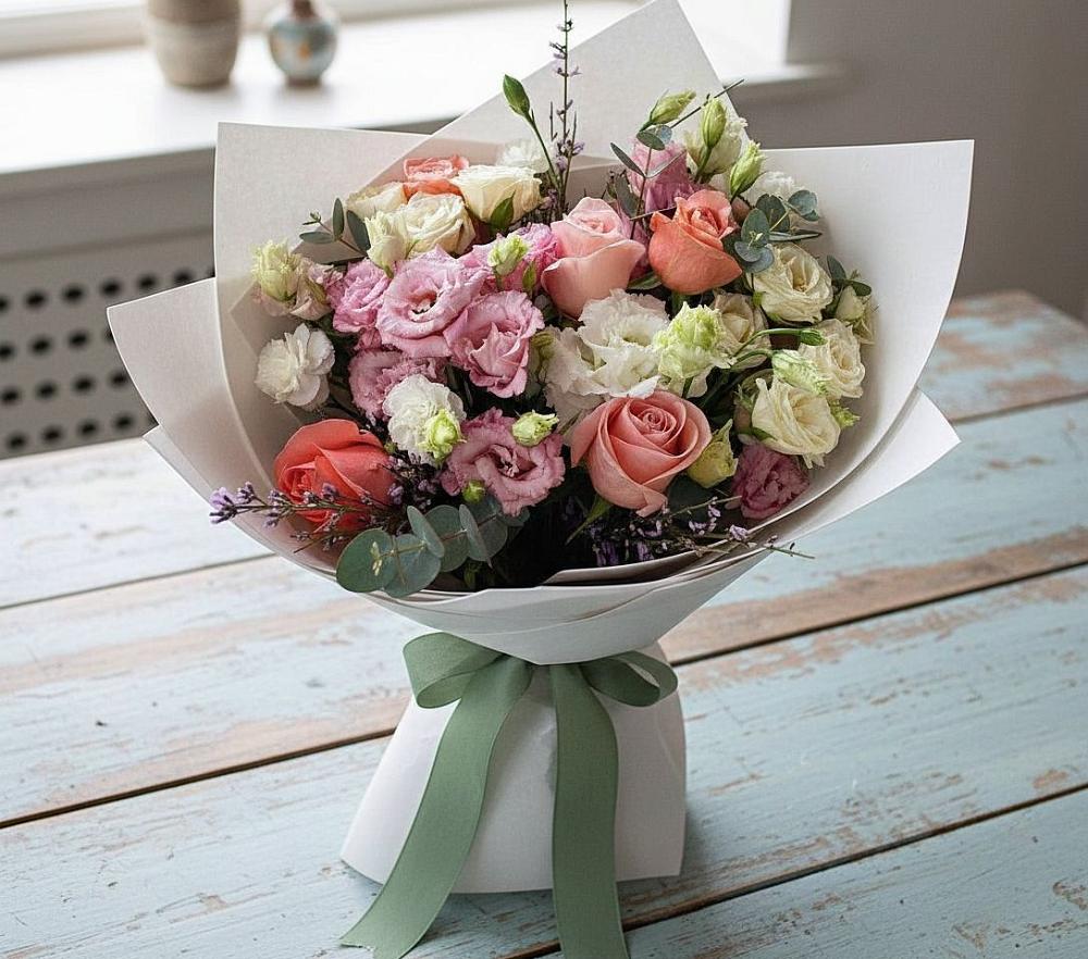 Букет цветов из: Розы, Лизиантусы и Гвоздики в Винзили