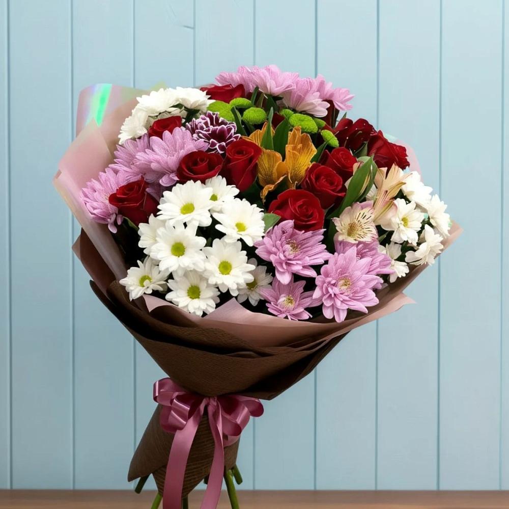 Букет цветов из: Розы, Хризантемы и Альстромерии в Винзили