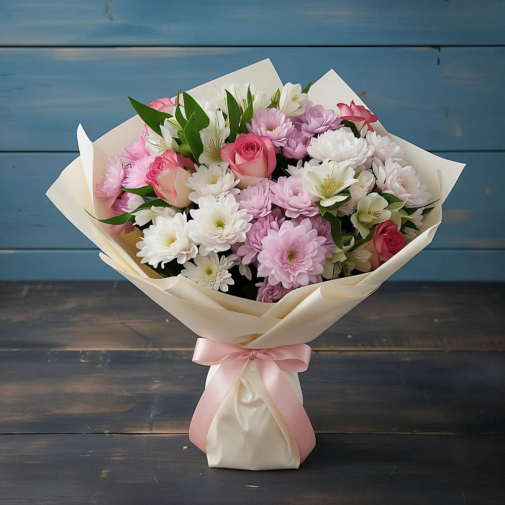 Букет цветов из: Хризантемы, Альстромерии и Розы в Винзили